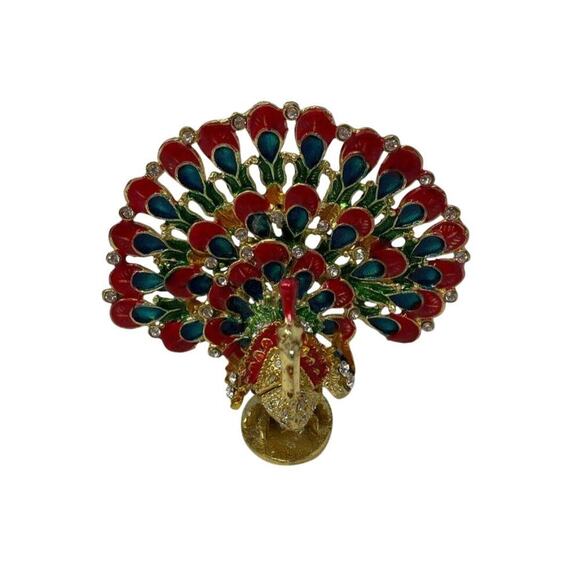 Jeweled Enamel Metal Peacock Trinket Box with Hidden Compartment Vintage - Picture 1 of 5